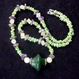 GEMSTONE NECKLACE JADE CHIPS AMETHYST ROSE QUARTZ STERLING BALI SILVER  HANDMADE